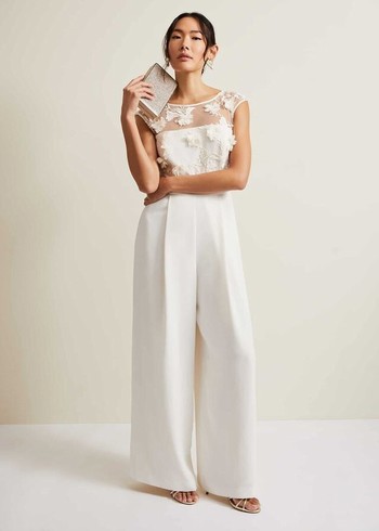 Phase Eight Cherie Bridal Floral Textured Jumpsuit White Canada | CAMHJG-098